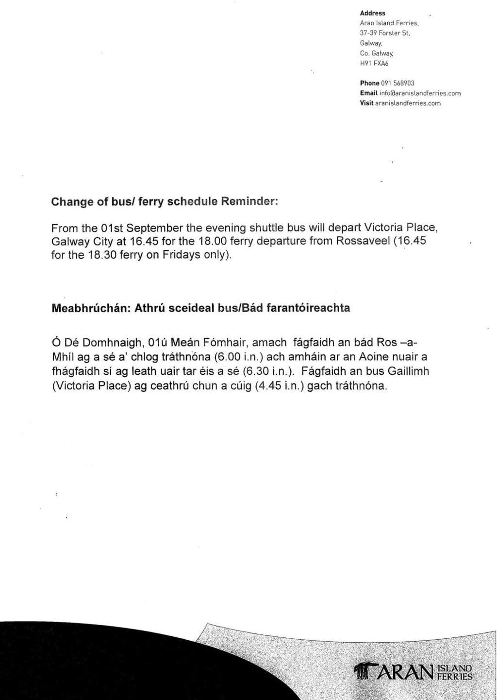 Notice from Aran Island Ferries